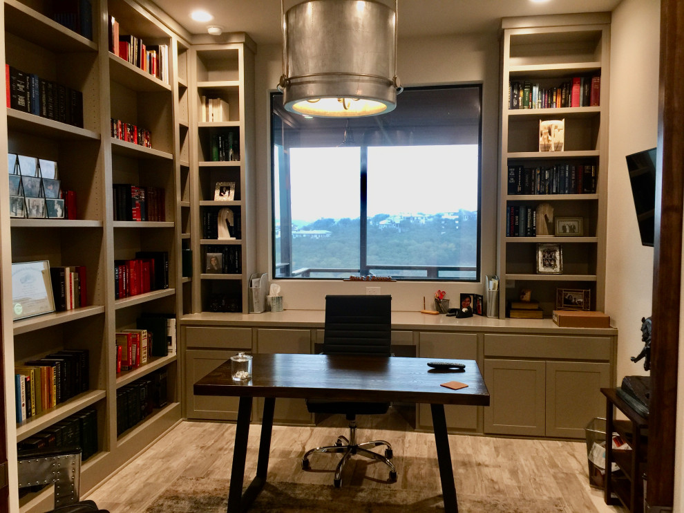 Design ideas for a medium sized classic home office in Austin with a reading nook, grey walls, porcelain flooring, a freestanding desk and beige floors.
