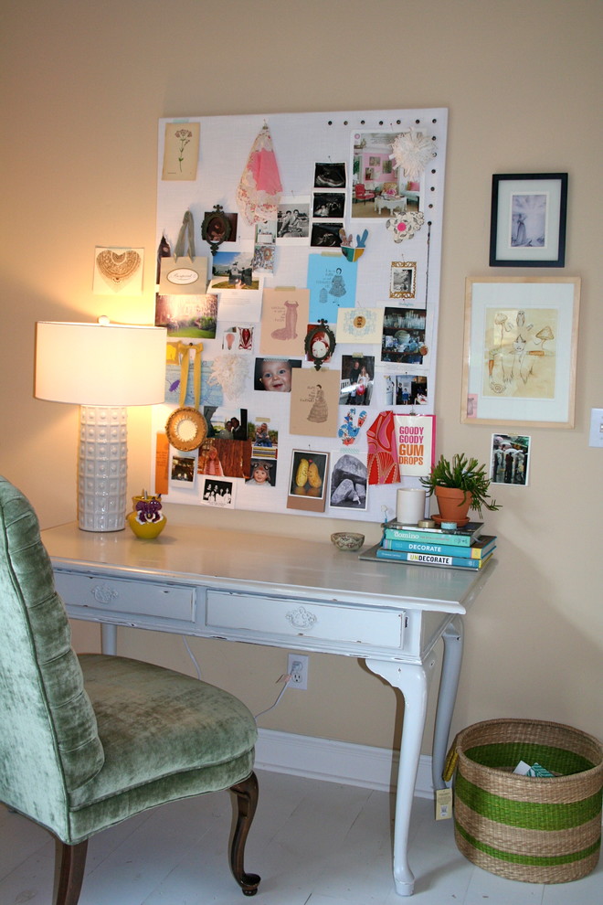 Example of an eclectic white floor home office design with beige walls
