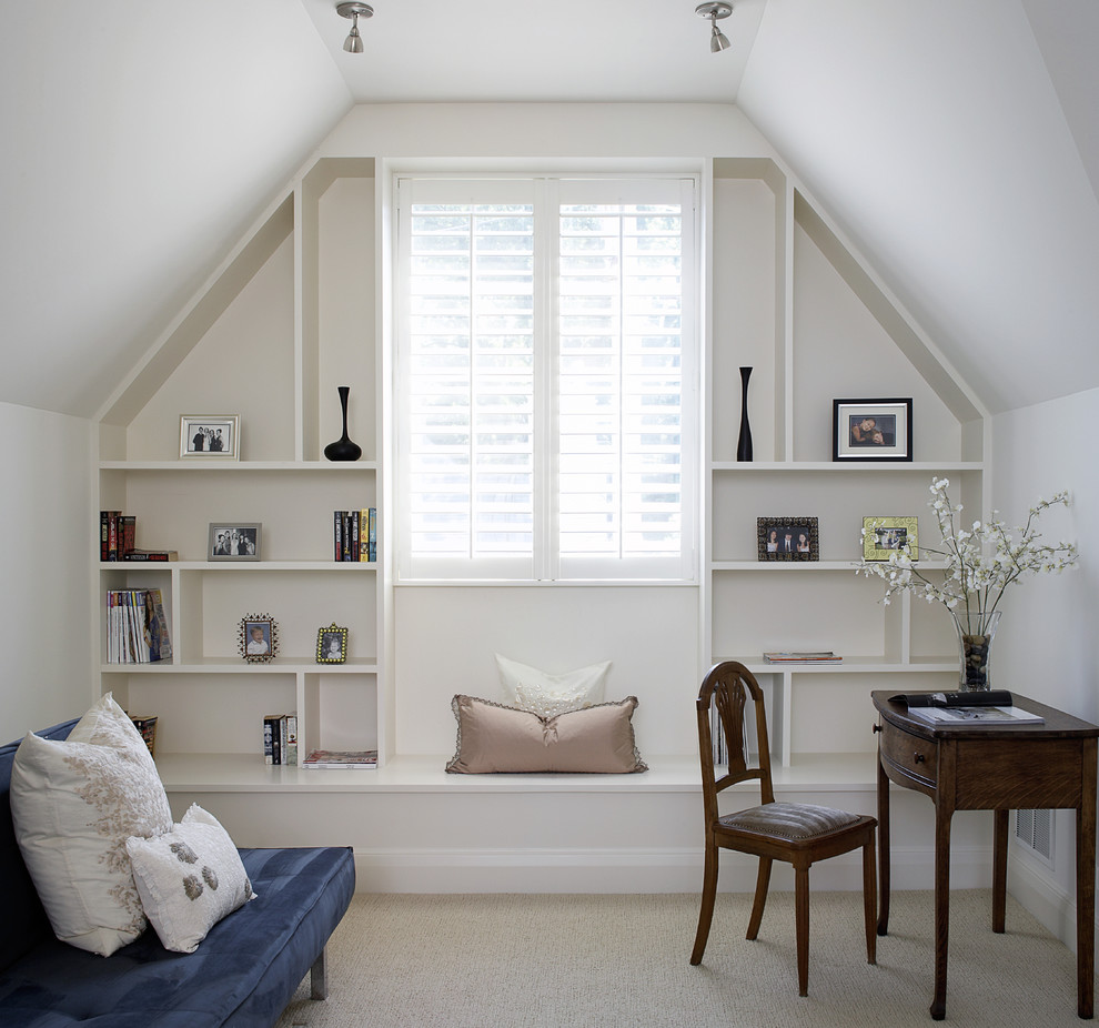 Home office - traditional freestanding desk carpeted home office idea in Chicago with white walls