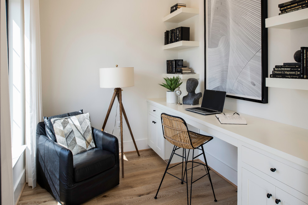 Inspiration for a traditional home office in DC Metro with a reading nook, white walls, medium hardwood flooring, no fireplace and a built-in desk.