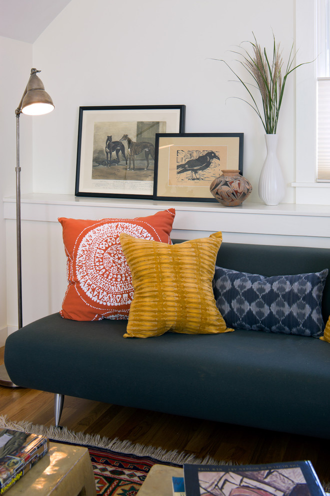 Trendy dark wood floor home office photo in Boston with white walls