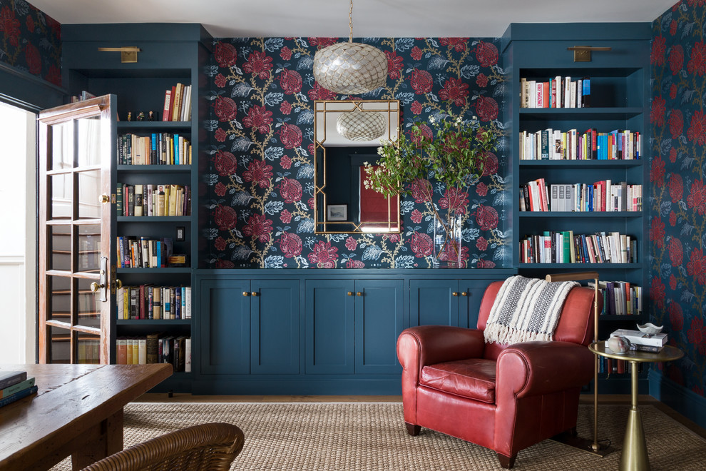 Inspiration for a transitional home office library remodel in San Francisco with multicolored walls