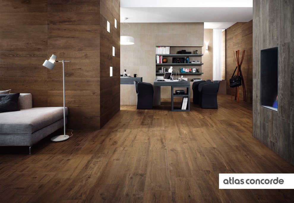 Example of a trendy porcelain tile home office design in Other with brown walls