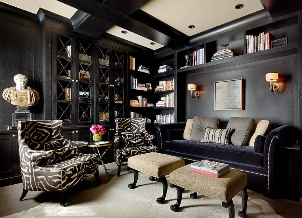 Inspiration for a timeless beige floor home office remodel in San Francisco with black walls