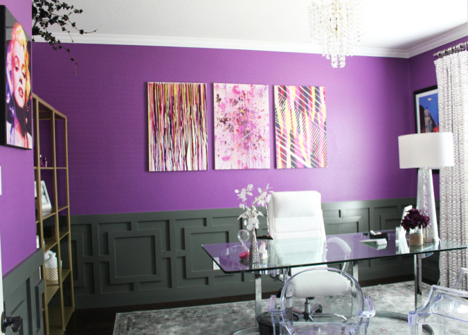 Photo of a medium sized contemporary home office in Houston with purple walls, dark hardwood flooring, a freestanding desk and no fireplace.