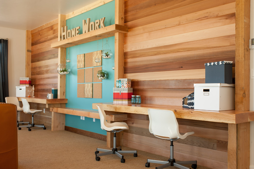 Home office - contemporary built-in desk carpeted home office idea in Salt Lake City