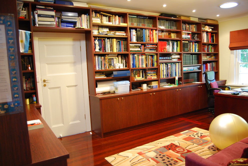 Design ideas for a large classic study in Sydney with white walls, dark hardwood flooring and a freestanding desk.