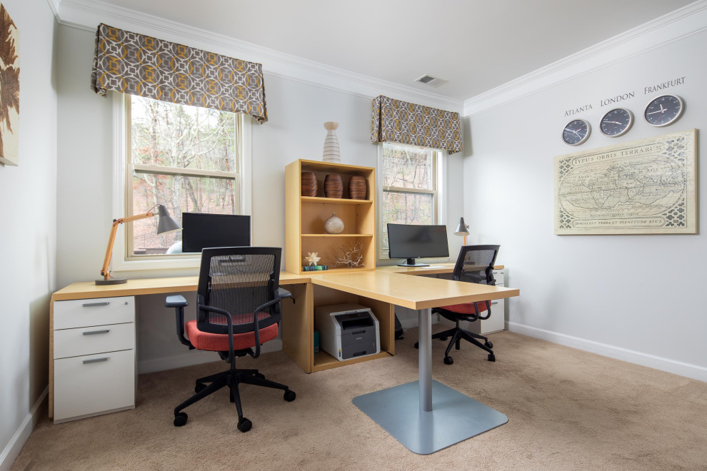 Inspiration for a mid-sized contemporary built-in desk carpeted and beige floor home studio remodel in Atlanta with no fireplace