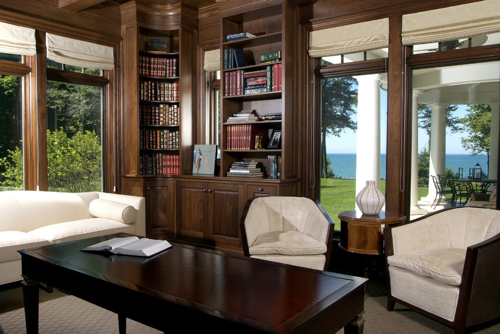Inspiration for a large transitional freestanding desk carpeted home office remodel in Grand Rapids