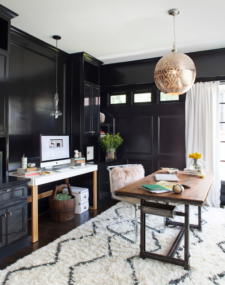 Inspiration for a mid-sized transitional freestanding desk dark wood floor study room remodel in Atlanta with black walls