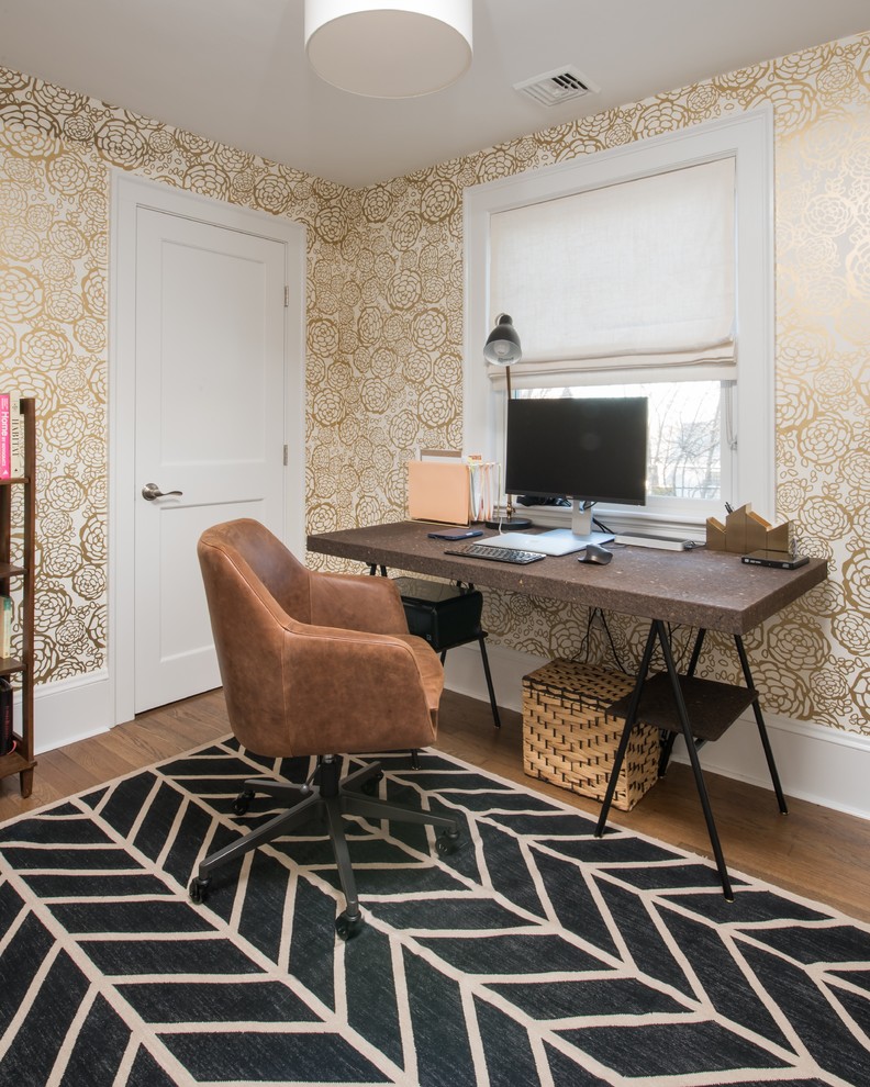 Study room - mid-sized transitional freestanding desk medium tone wood floor and brown floor study room idea in Boston with multicolored walls and no fireplace