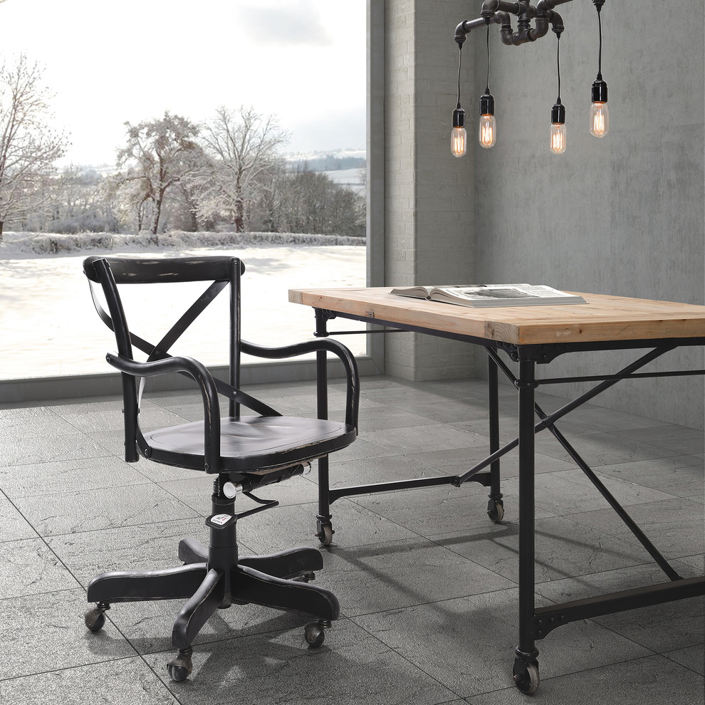 Mittelgroßes Industrial Arbeitszimmer ohne Kamin mit grauer Wandfarbe, Keramikboden und freistehendem Schreibtisch in Sonstige