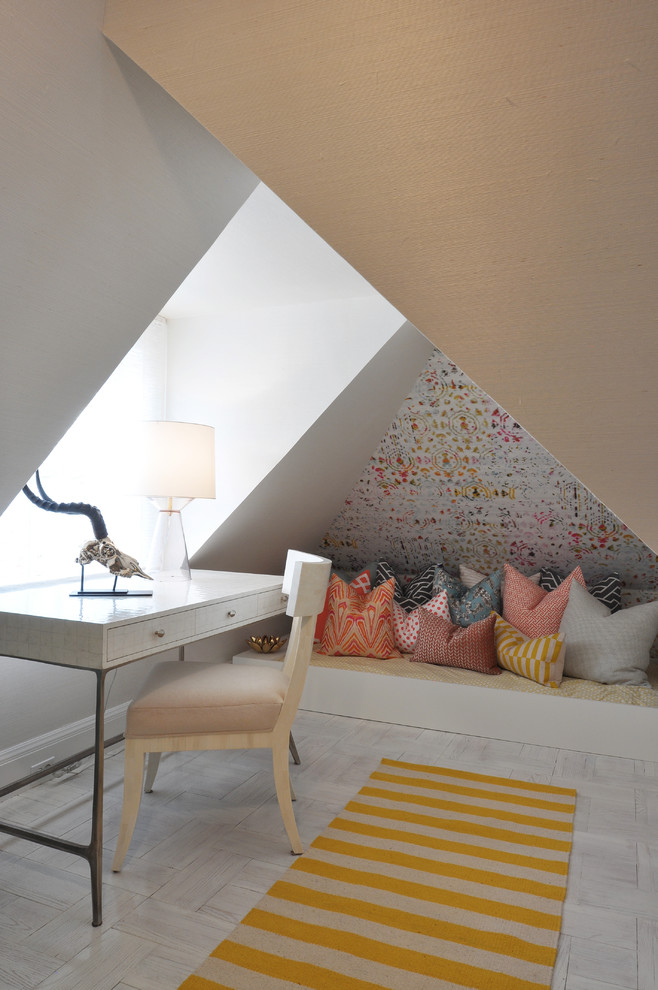 Trendy freestanding desk home office photo in San Francisco with white walls