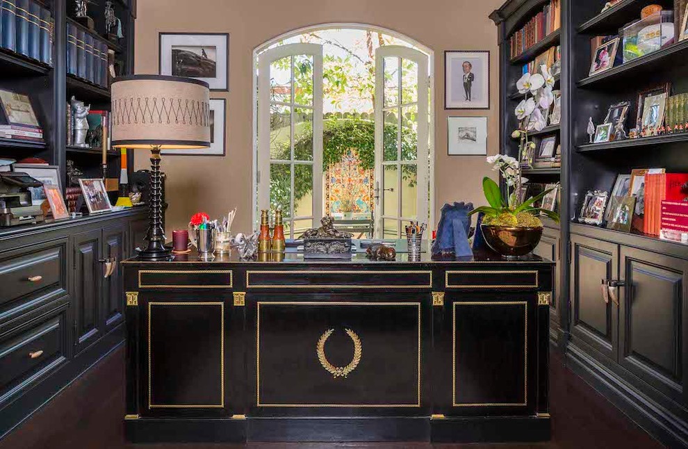 Inspiration for a medium sized classic home office in Other with beige walls, dark hardwood flooring, no fireplace, a freestanding desk and brown floors.