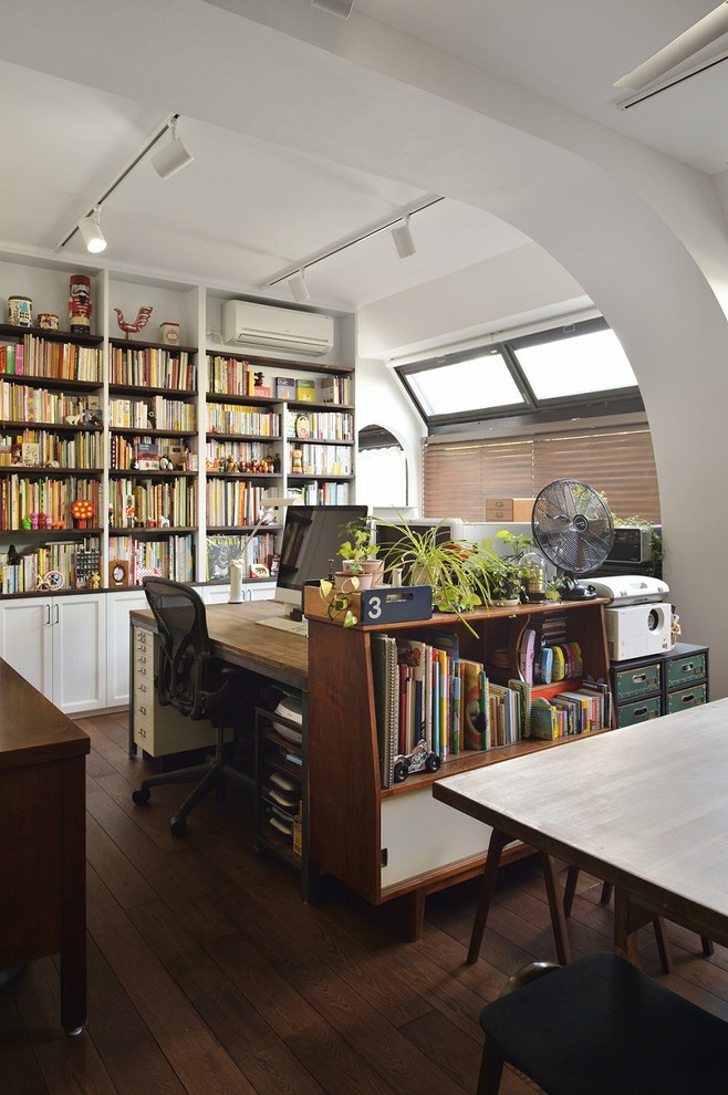 Bild på ett industriellt arbetsrum, med vita väggar, ett fristående skrivbord, ett bibliotek och mörkt trägolv