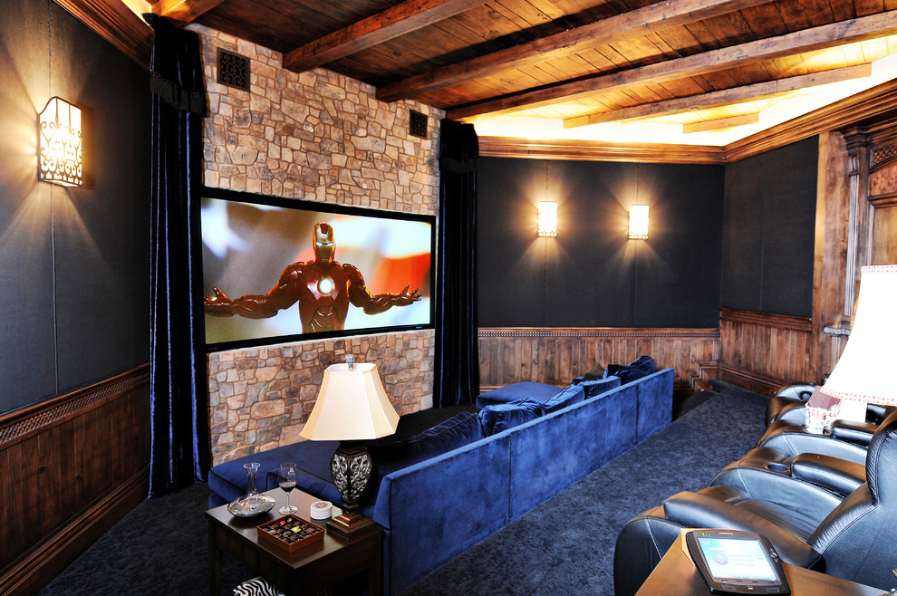 Design ideas for a traditional home cinema in San Diego with blue floors.