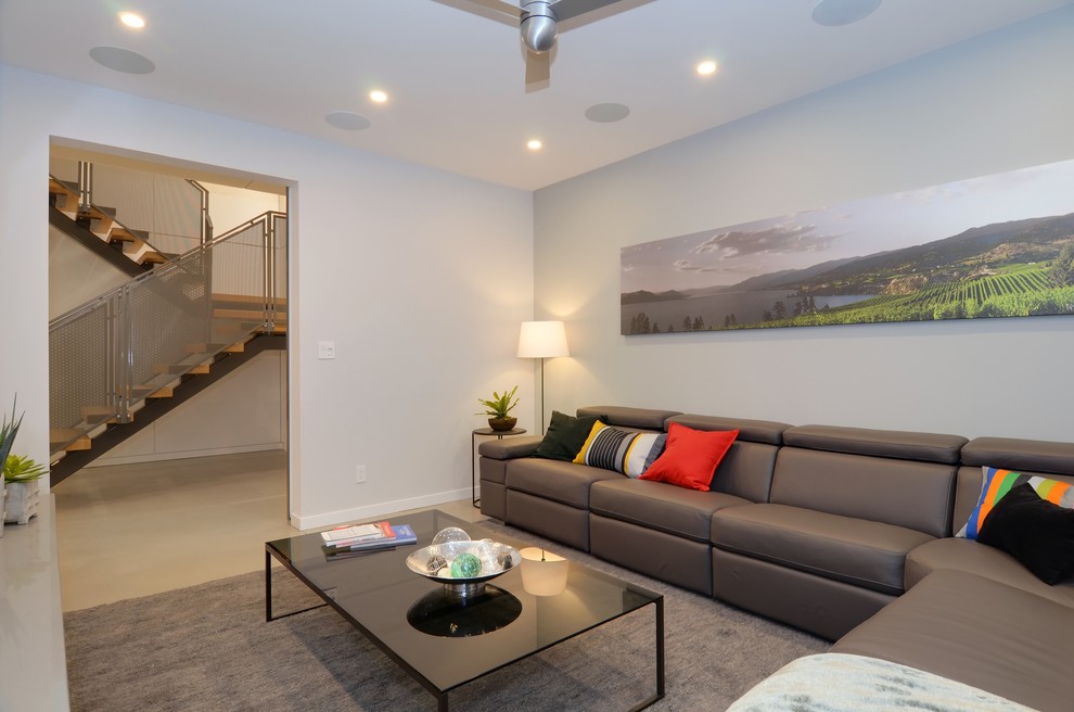 Exempel på ett minimalistiskt avskild hemmabio, med vita väggar, betonggolv och en väggmonterad TV
