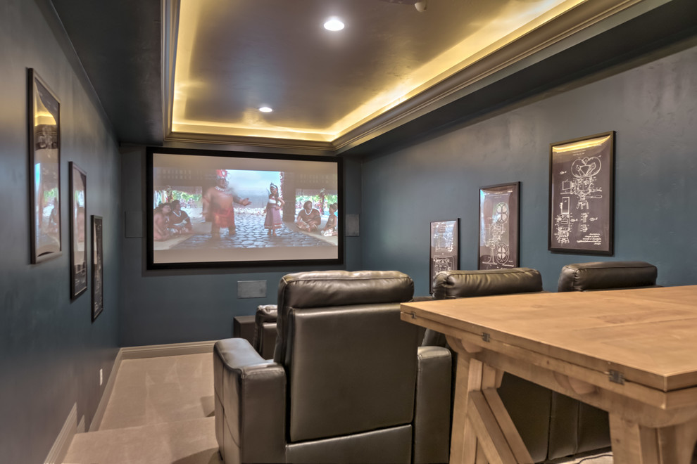 Ispirazione per un home theatre country con pareti grigie, moquette e pavimento grigio