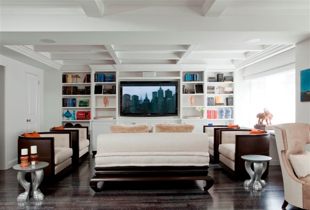 This is an example of a contemporary home cinema in New York.