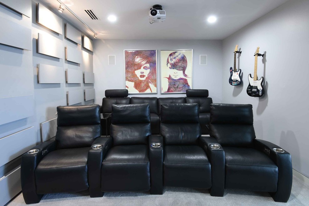 This is an example of a modern home cinema in Dallas.