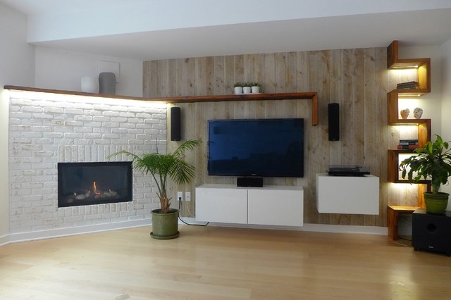 Accent wall made with distressed pine boards from Atmosphere & Bois