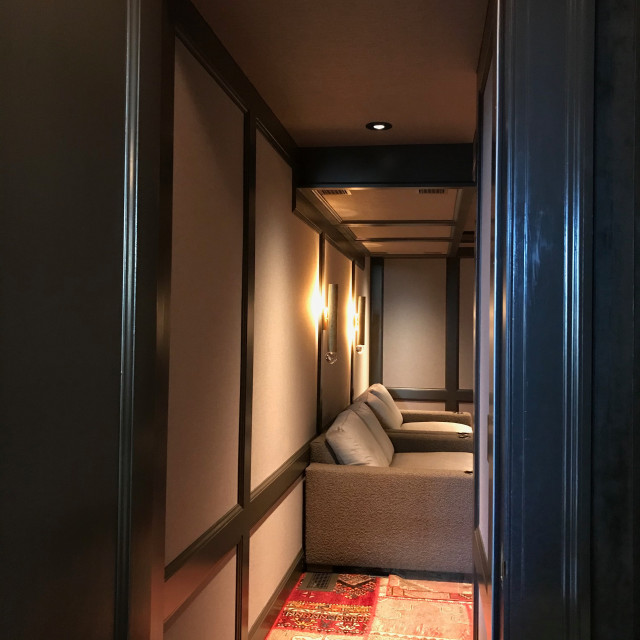Acoustical fabric walls in Home Theater Contemporary Home Cinema