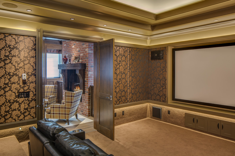 Expansive classic enclosed home cinema in Vancouver with beige walls, carpet and a projector screen.