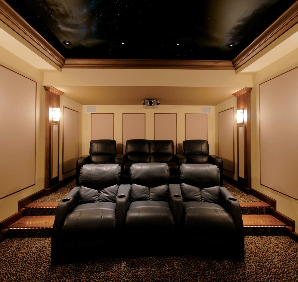 Cette image montre une salle de cinéma minimaliste de taille moyenne et fermée avec un mur beige, moquette, un écran de projection et un sol multicolore.