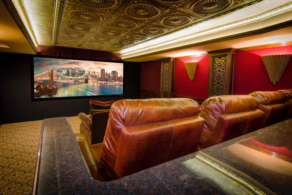 Источник вдохновения для домашнего уюта: изолированный домашний кинотеатр среднего размера в современном стиле с красными стенами, ковровым покрытием и проектором