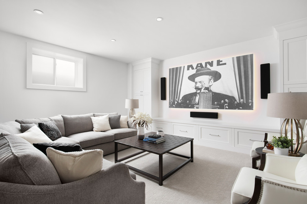 Photo of a medium sized scandinavian enclosed home cinema in Calgary with white walls, carpet, a wall mounted tv and grey floors.
