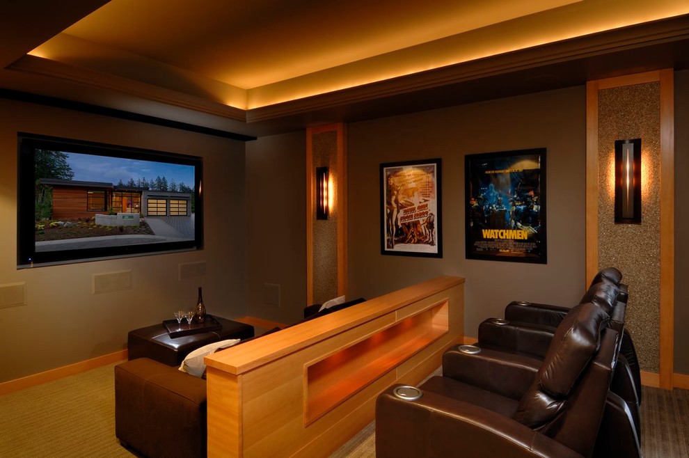 Contemporary enclosed home cinema in Vancouver with brown walls, carpet, a wall mounted tv and beige floors.