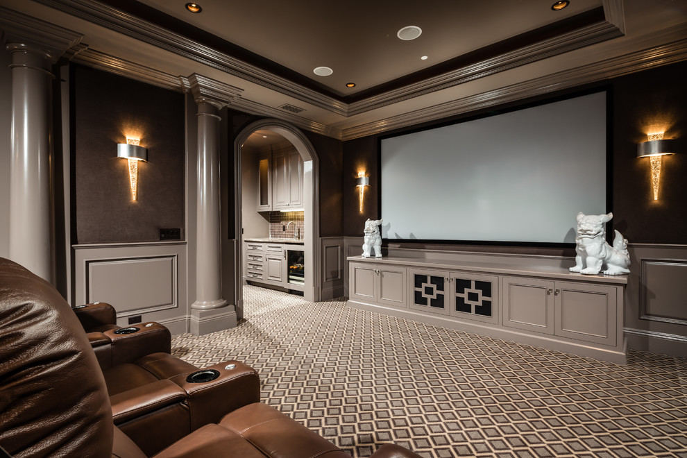 Inspiration for a medium sized traditional enclosed home cinema in Los Angeles with grey walls, carpet and a projector screen.