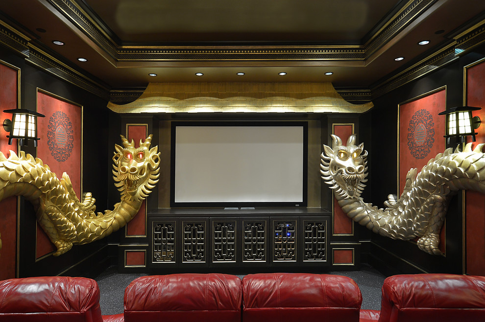 Design ideas for a world-inspired home cinema in Houston.