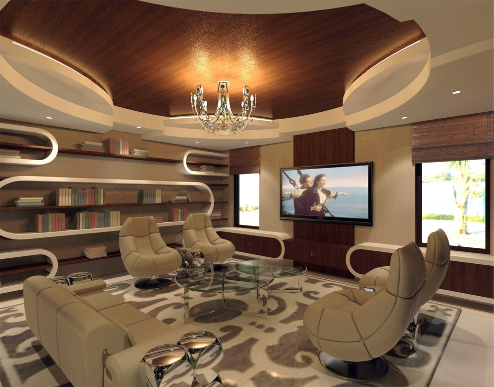 This is an example of a medium sized eclectic open plan home cinema in Miami with beige walls, limestone flooring and a wall mounted tv.