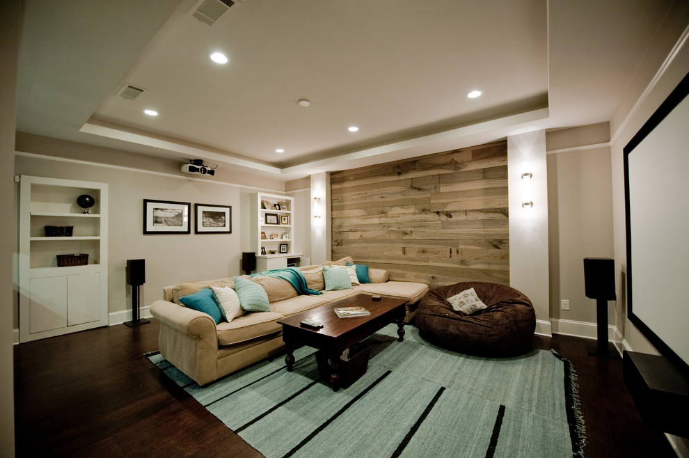 Inspiration for a medium sized traditional open plan home cinema in Atlanta with a projector screen, grey walls and cork flooring.