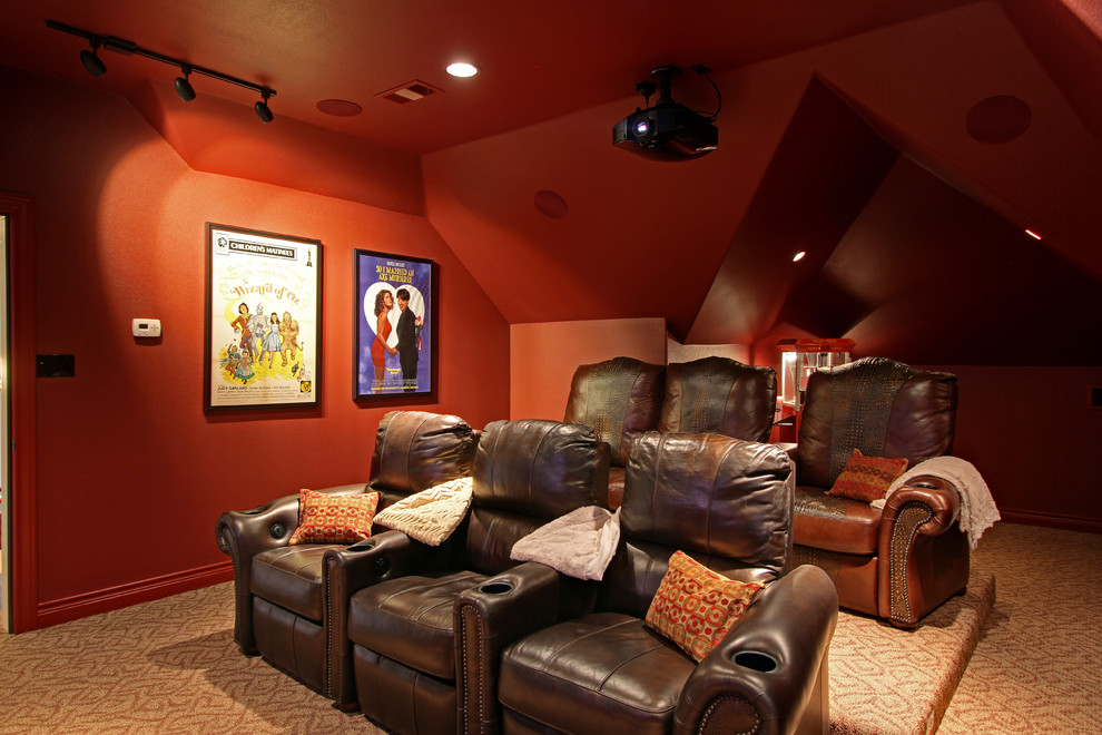 Example of a large tuscan enclosed carpeted and multicolored floor home theater design in Houston with purple walls and a projector screen