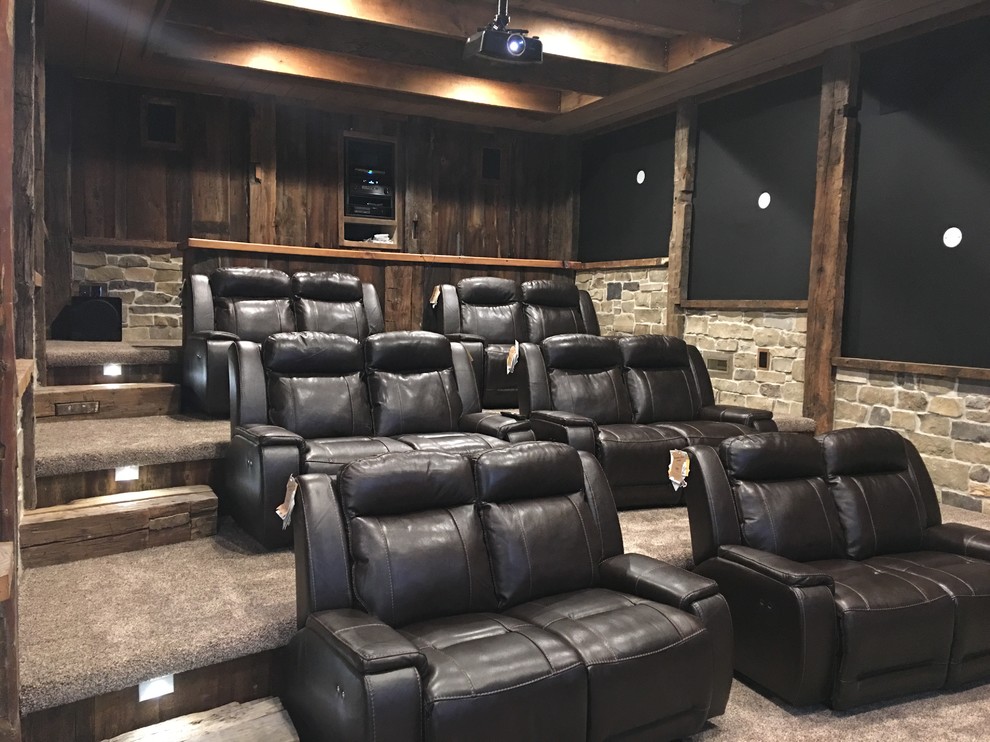 Inspiration for a rustic home cinema in Cleveland.