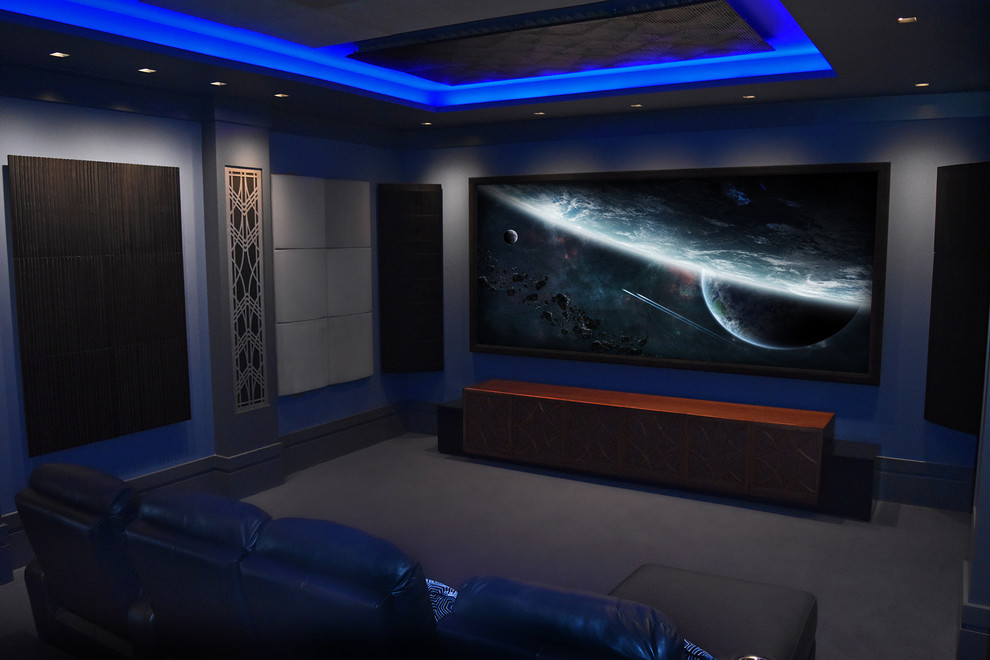 Example of a large enclosed carpeted and gray floor home theater design in Detroit with gray walls and a projector screen