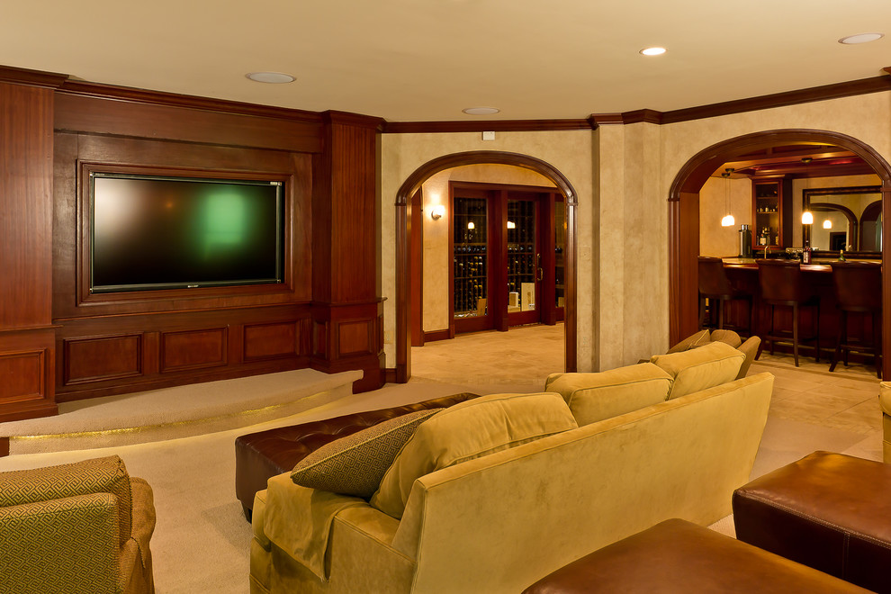 Example of a huge classic porcelain tile home theater design in DC Metro with beige walls