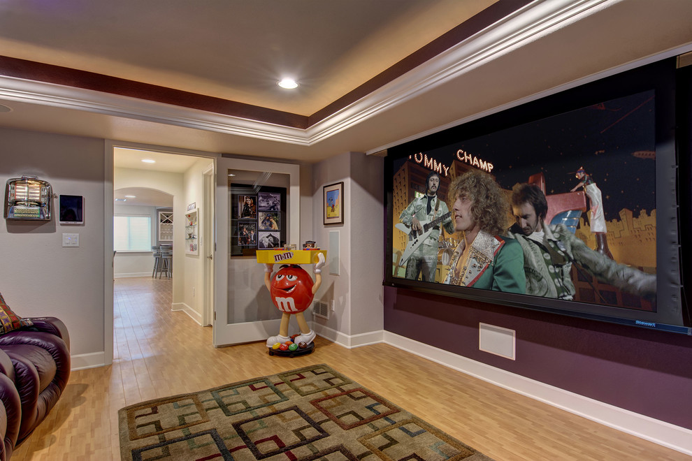 Mid-sized transitional enclosed light wood floor and brown floor home theater photo in Denver with gray walls and a projector screen