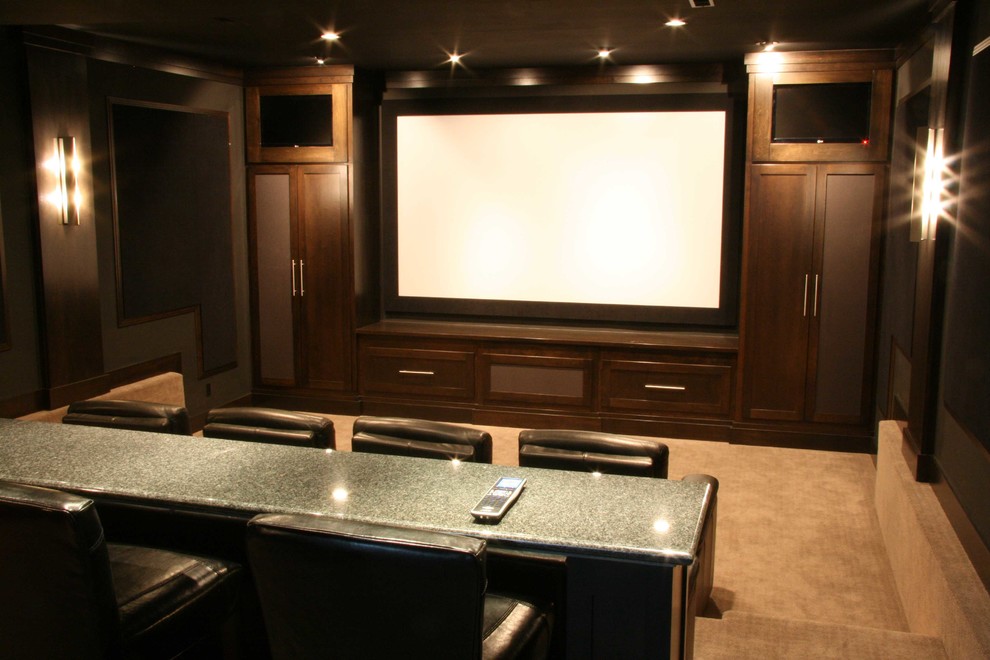 Идея дизайна: изолированный домашний кинотеатр среднего размера в современном стиле с коричневыми стенами, ковровым покрытием, проектором и коричневым полом