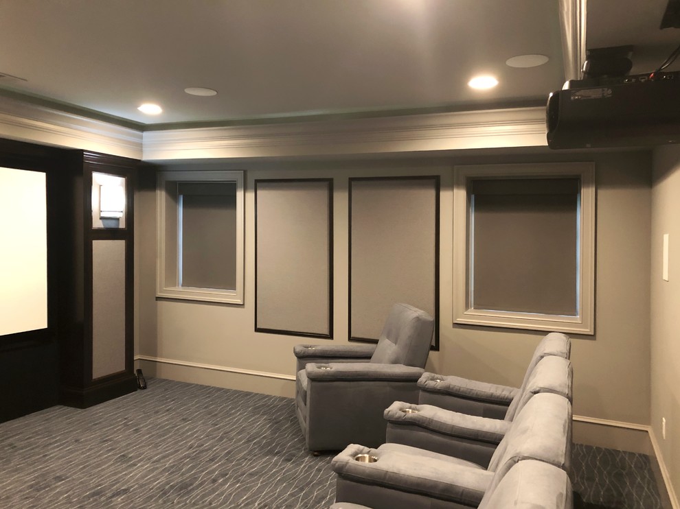Mid-sized elegant enclosed carpeted and gray floor home theater photo in Philadelphia with gray walls and a projector screen