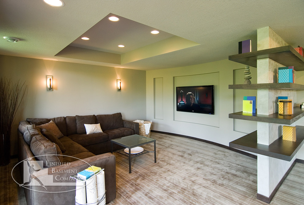 Example of a trendy home theater design in Minneapolis