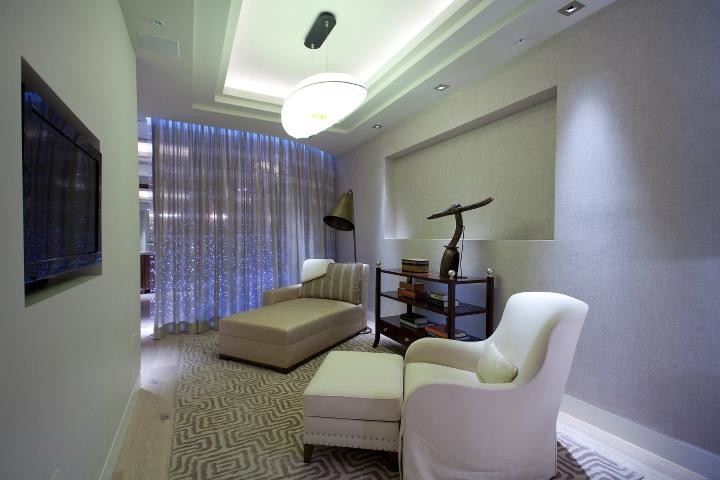 Inspiration for a medium sized contemporary open plan home cinema in Miami with a built-in media unit.
