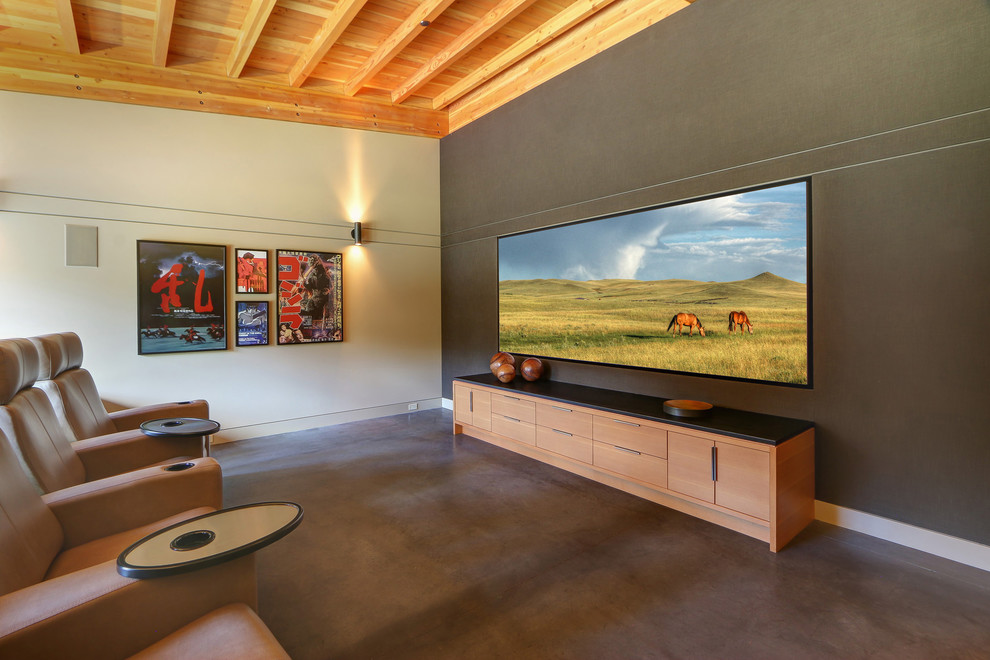 Inspiration for a contemporary home cinema in Seattle.