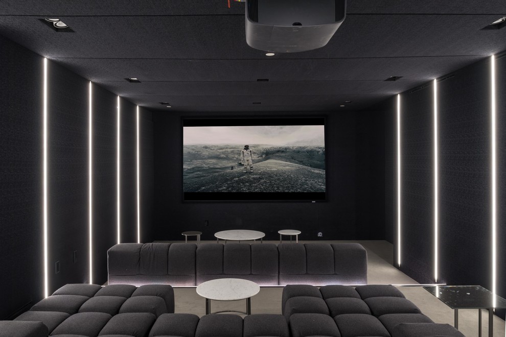 Aménagement d'une grande salle de cinéma contemporaine fermée avec un écran de projection, un mur gris, moquette et un sol gris.