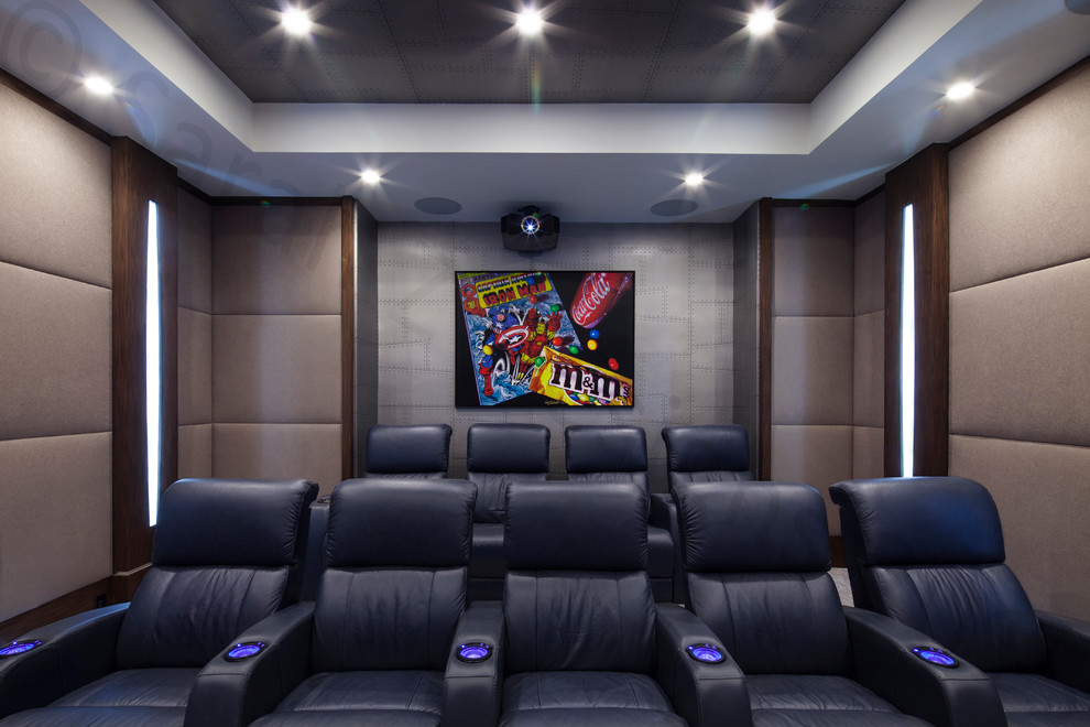 Home theater - mid-sized modern enclosed carpeted home theater idea in Miami with beige walls and a projector screen