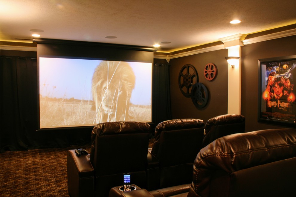 Cette photo montre une salle de cinéma montagne de taille moyenne et fermée avec un mur marron, moquette, un écran de projection et un sol marron.