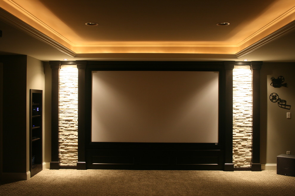 Photo of a medium sized contemporary open plan home cinema in Detroit with grey walls, carpet and a projector screen.