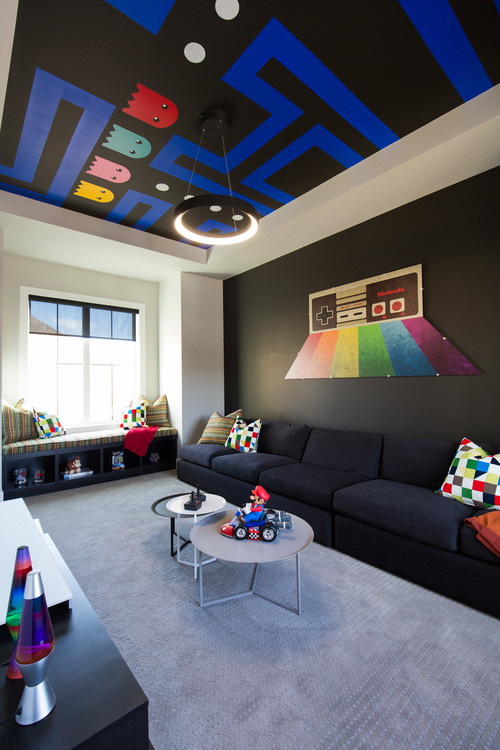 Game Room Ideas with Pac-Man Themed Ceiling